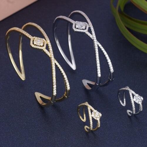 BRIDE TALK Exquisite Shiny Women Jewelry Luxury Micro Paved Baguette Cubic Zircon Adjustable Bangle Ring Sets For Femme