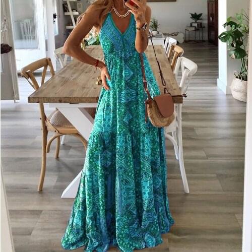 Puloru Women Summer Spaghetti Straps Beach Dress Paisley Printed Deep V-Neck Maxi Slip Dress Vacation Wear Ladies Sundress