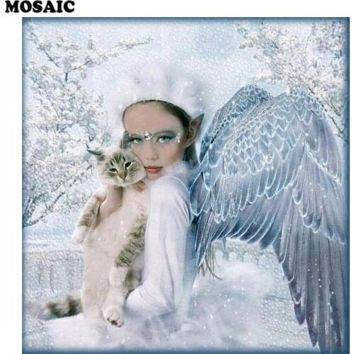 New 5D Diy Diamond Painting,Cross-stitch "angel and cat" 3D Diamond Mosaic Full square Rhinestones Paintings Embroidery Decor