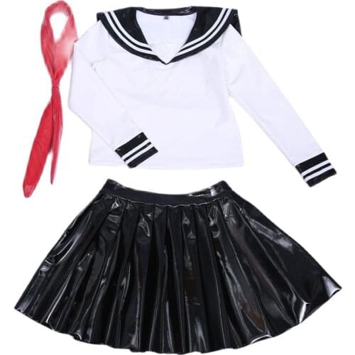 Fad Preppy Style Cosplay 3Pcs/Set Shiny Pleated Skirt Campus Wear Sailor Collar PVC Faux Leather Splicing Ruffled Kilt Minifalda