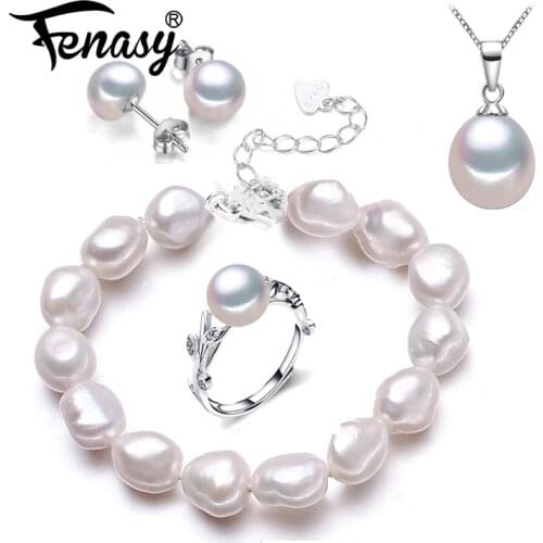FENASY S925 Sterling Silver Natural Pearl Bracelet necklaces pendants Ring Earrings Jewelry Sets for Women Anniversary Idea GIFT