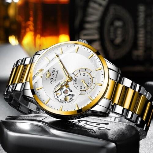 AILANG 2021 Mens Watch Automatic Mechanical Hollow Stainless Steel White Dial Luxury Luminous Sports Waterproof Business Watch