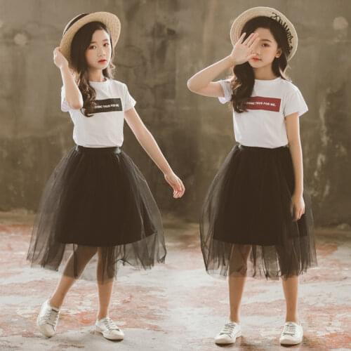 2021 summer kids baby Girls Clothes Kid Short Sleeve letter Tops t shirt + mesh Skirt teenager Outfits 5 6 8 9 10 12 13 14 Years