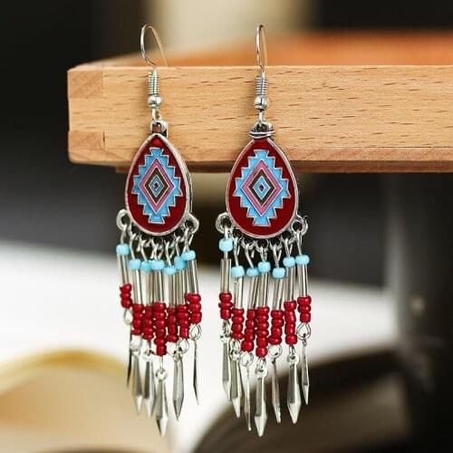 Ethnic Geometric Oil Painting Long Jhumka Earrings Summer Vintage Water Drop Earrings Alloy Tassel Dangle Earrings