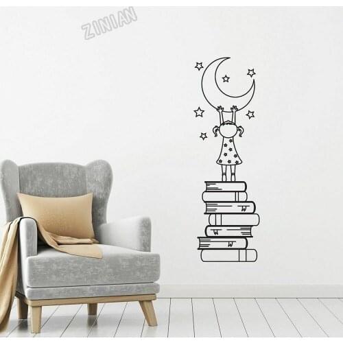 Girl Books Moon Stars Vinyl Wall Decal Nursery Wall Sticker for Kids Room Art Murals Decor Book Room Living Room Decoration Y077