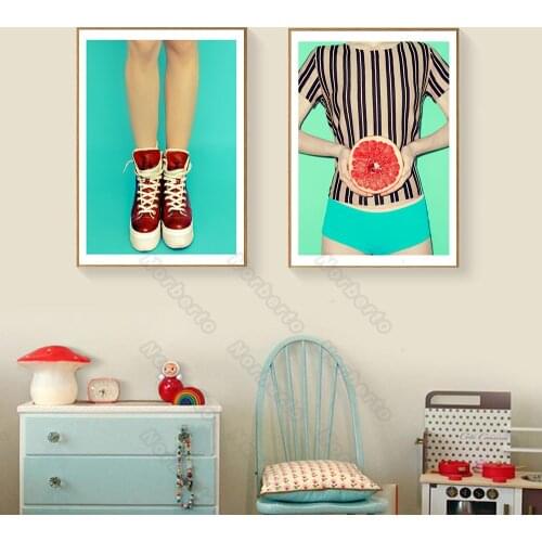 Canvas Painting and Posters Green Poster Red Watermelon Girl with Stripe Yellow Clothes and Red Shoes for Home Rooms Wall Decor