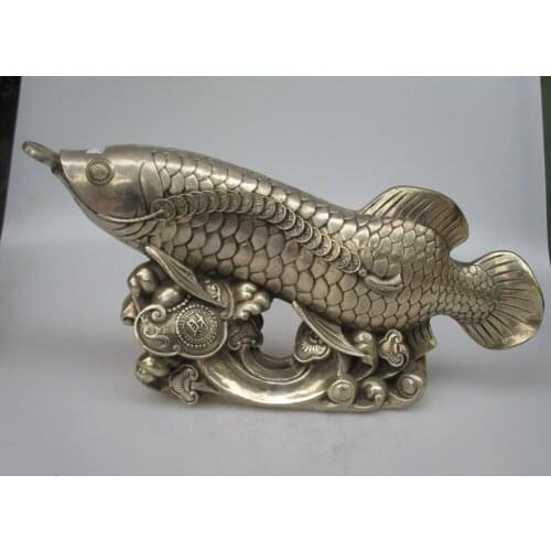 Collectible Decorated Old Handwork Tibet Silver Carved Lucky Wealth Fish Statue/ Big Money Fish Sculpture