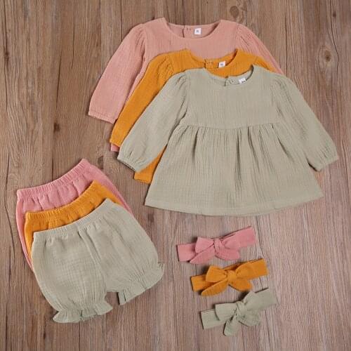 3Pcs Baby Newborn Linen Solid Sets Long Sleeve O Neck Top High Waist Shorts Bow Headband Infant Toddler Autumn Outfits 0-24M