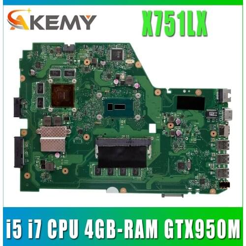 Akemy X751LX Mainboard For ASUS X751LX X751LX Laptop motherboard i5 i7 4GB-RAM GTX950M