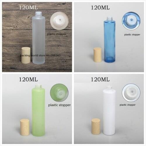 120ml frosted/green/blue/white glass bottle wooden shape lid plastic stopper for serum/lotion/emulsion/toner cosmetic packing