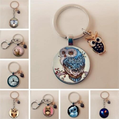 Cute charm enamel owl keychain convex glass owl keychain, ladies and men accessories