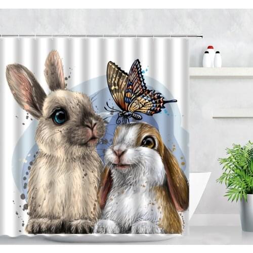 Cute Rabbit Butterfly Children Shower Curtains Cartoon Animals Squirrel Fox Creative Art Modern Kids Bathroom Decor Curtain Sets