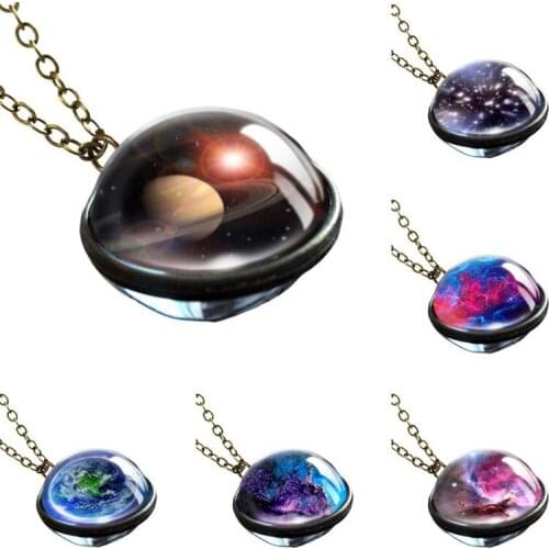 Fashion Galaxy Nebula Cosmic Starry Sky Theme Necklace Creative Planet Glass Luminous Double-Sided Retro Pendant Necklace