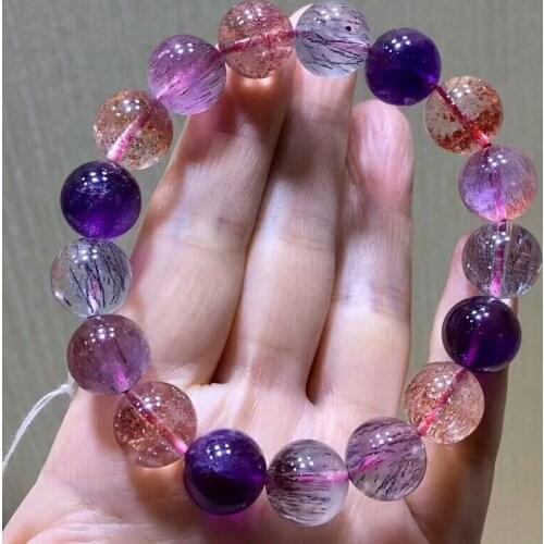 Natural Super 7 Seven Purple Hair Rutilated Quartz Melody Stone Man Stretch 12mm Beads Bracelet Gift Certificate AAAAAA