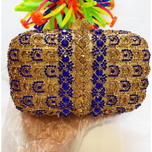2021 New Arrival Gold Metal Blue Crystal Women Clutches Bags Luxury Lady Wedding Bridal Purses Fashion Female Shoulder Handbag