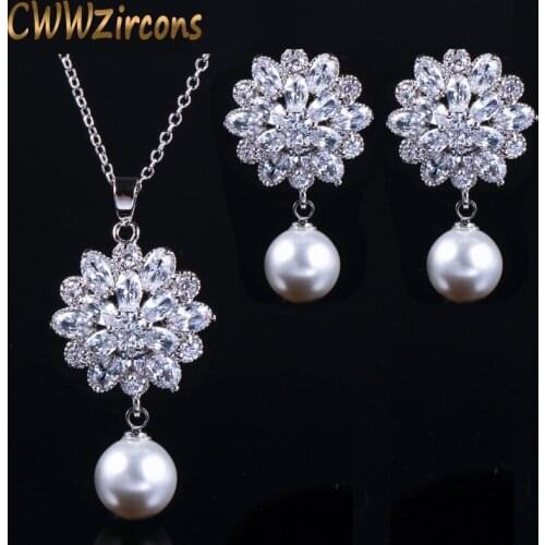 CWWZircons Brand Trendy Women Pearl Jewelry High Quality Zirconia Crystal Ladies Dangling Pendant Necklace And Earring Set T280