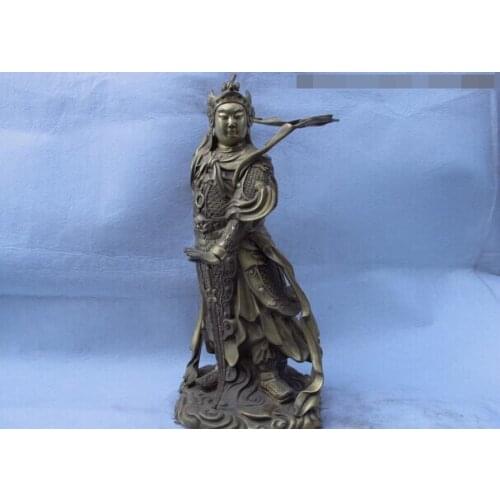 Song voge gem S1337 16.5 Chinese Folk Temple Brass Copper Lion Wei Tuo WEITUO Warrior Buddha Statue
