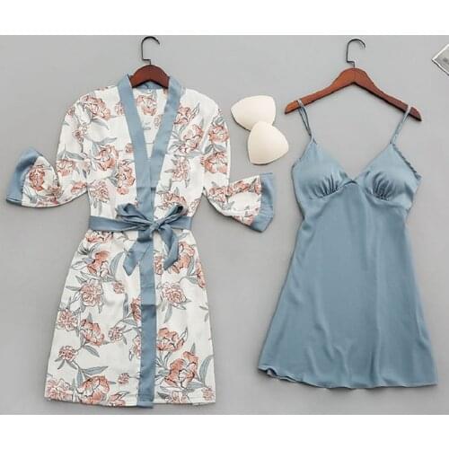 Sexy Women Sleepwear Nightgown Silk Satin Pajamas Robes Lounge Pyjamas Femme with Chest Pads Homewear Pijamas Kimono Nightdress