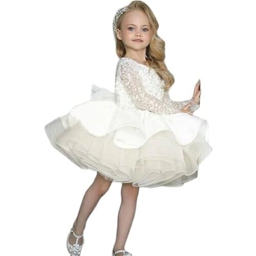 Ivory Glitter Princess Dress Girl Long Sleeves Flower Girl Dresses Knee Sequin First Communion Baby Birthday Dress Child Gown