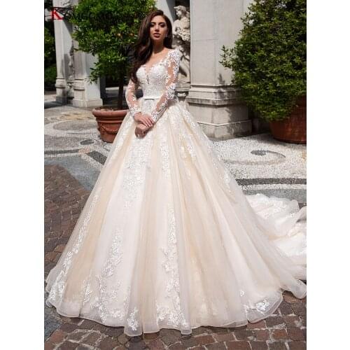Custom Made Full Sleeve Chapel Train Embroidery Appliques Tulle Wedding Dress Elegant Button Back O-Neck Bridal Ball Gown