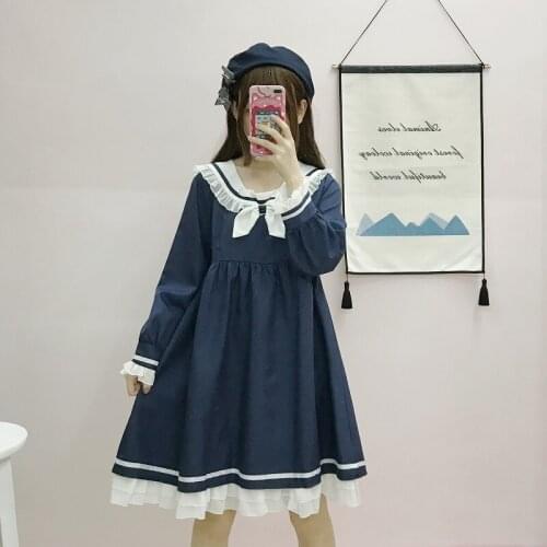 Kawaii Lolita dress Japanese soft sister autumn retro cute wind navy collar bow tie was thin long dress sweet girls dress