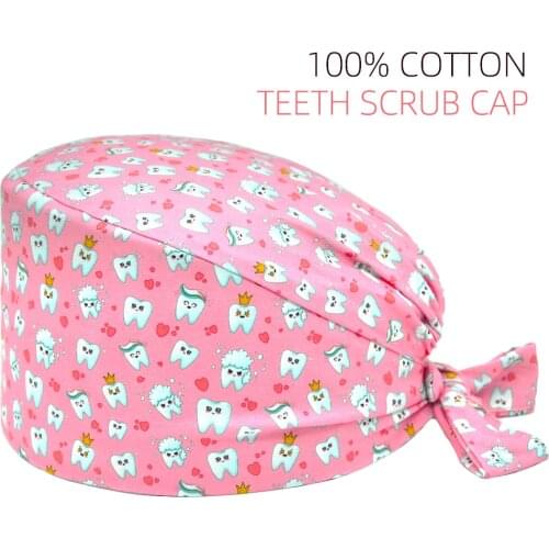 Pink Teeth Print Cotton Surgicals Hats Adjustable Working Bouffant Nursing Cap Beauty Salon Dentist Clinic Lab Women Scrubs Caps