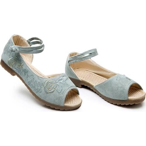 Vintage Flower Embroidered Ladies Casual Canvas Peep Toe Flat Shoes Summer Women Comfort Cotton Platform Casual Sandals Mujer