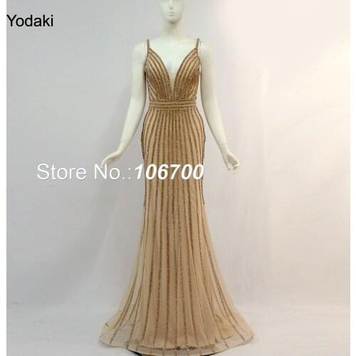 Sexy Deep V Hand Made Crystal Beaded Formal Evening Dresses Spaghetti Strap Open Back Long Ivory Colors Pageant Prom Gowns
