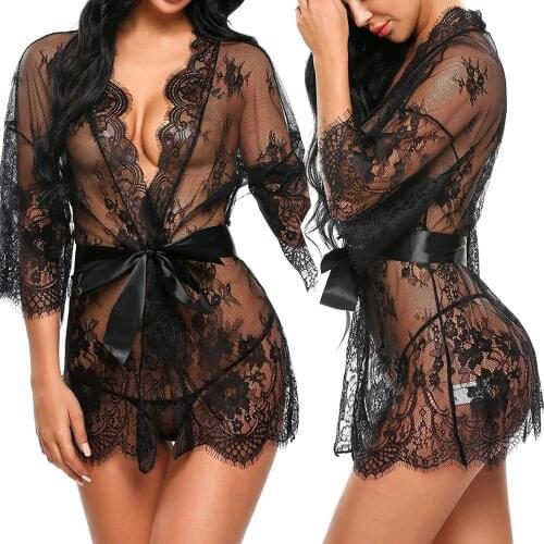 Sexy Women Lingerie Lace Night Dress Sleepwear Nightgown Bandage Deep V G-String See Through Sexy Sheer Sleep Dress 2019 Silky