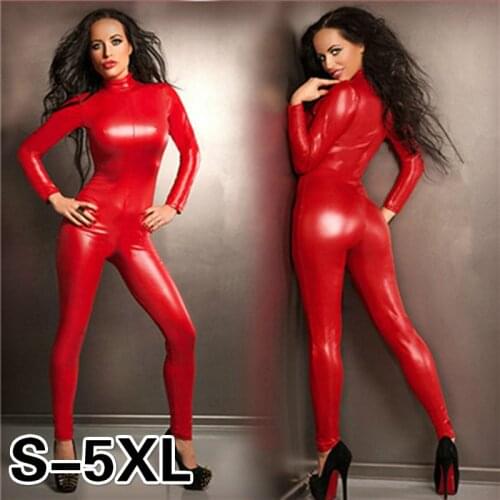 Hot Sexy Women Red Bodycon Jumpsuit Novetly Bodysuit Sexy Latex Playsuit Fetish Faux Leather Catsuit Clubwear Leotard