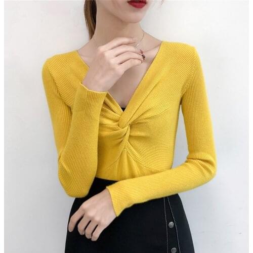 Women V-Neck Sweater Solid Autumn Winter Criss Cross Long Sleeve Sweater Pullover Sweaters