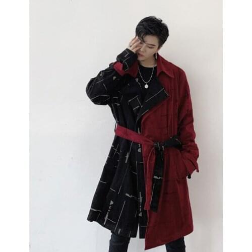 Mens trench coats man long coat men Middle length clothes Autumn and winter corduroy overcoat long sleeve Splicing Contrast