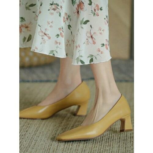 EshtonShero Square Med Heel Pumps Genuine Leather Slip-on Shoes Fashion Shallow Pointed Toe Summer Womens Pumps Wedding