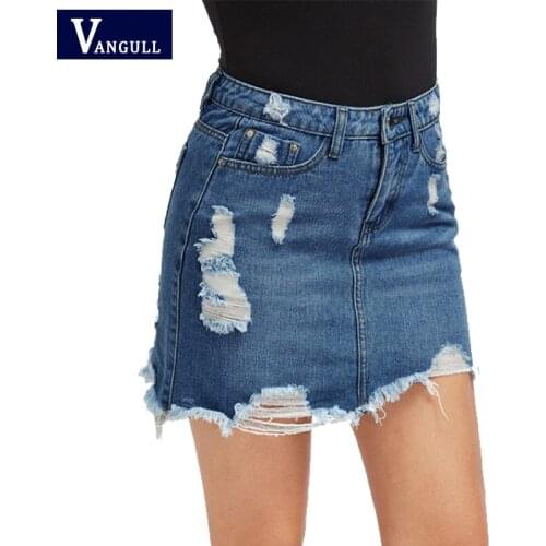 Vangull Summer New Denim SkirtWomen High Waist Zipper Mini Jean Skirt Hole Tassel Harajuku Plus Size Denim Female A-Line Skirt