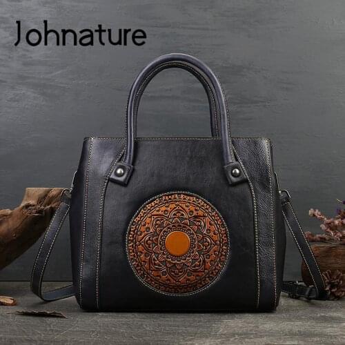 Johnature Retro Totem Women Bag 2021 New Large Capacity Genuine Leather Handbag Multi Compartment Nature Cowhide Shoulder Bags