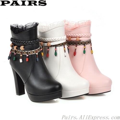 Womens Boots Autumn Winter Warm Super High-heeled Ankle Round Toe Zip Tassel Platform Plush 2019 Sexy New Fashion Pu White Pink