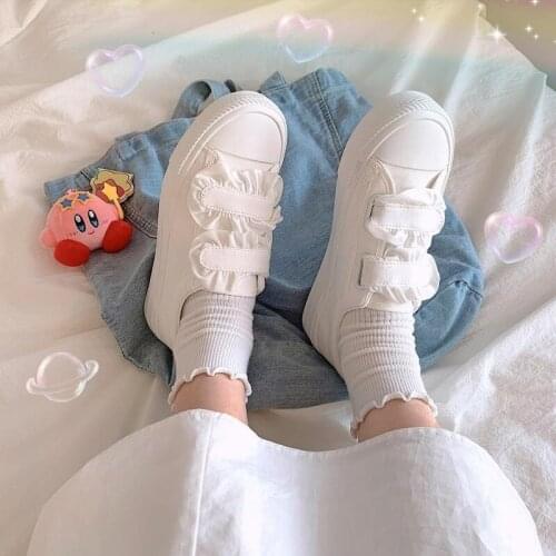Womens Sports Shoes Fashion Womens Sneakers 2021 White Sneaker Kawaii Lolita Shoes Cute Lady Japanese Lace Velcro Plush Flats