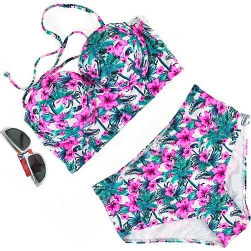 Sexy Floral Print High Waist Swimsuit Bikini Push Up Swimwear Women Vintage Biquini Bathing Suit Maillot de Bain Femme XXL