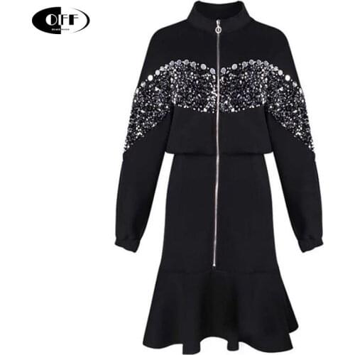 Autumn Winter Casual Sequins Beading Black Woman Dress Casual Long Sleeve Zipper Mermaid Mini Dresses For Women Chic Female Robe