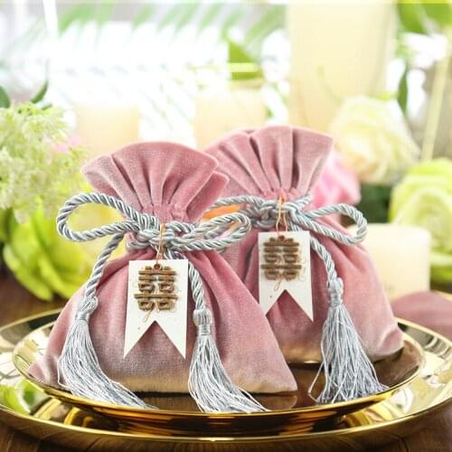 100Pcs/Lot Chinese Style Creative Double Happiness Candy Box European Gift With Hand Gift Candy Bag Corduroy Candy Bag
