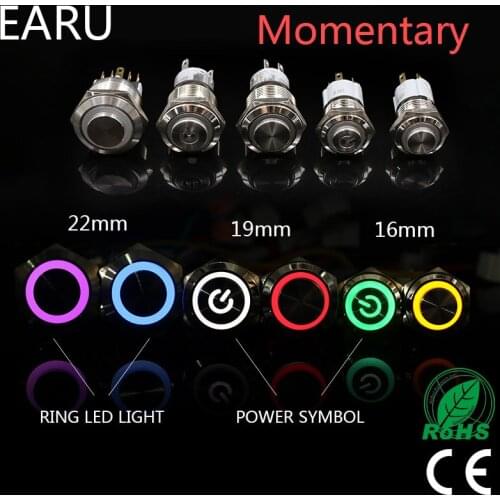 16mm 19mm 22mm High Head Metal Push Button Switch Waterproof LED Light 1NO 1NC Momentary Self-reset PC Power Car Engine Start