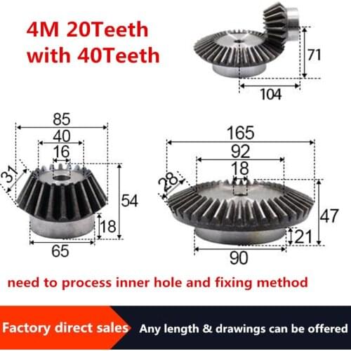 2pcs 1:2 Bevel Gear 4 Modulus 20Teeth +40teeth Inner Hole 18mm 90 Degree Drive Commutation Steel Gears Steel Gears Screw M5