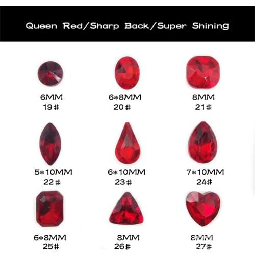 New 50pcs super shining sharp bottom queen red color top quality nail art glass rhinestone round/oval/square/drop/heart shape