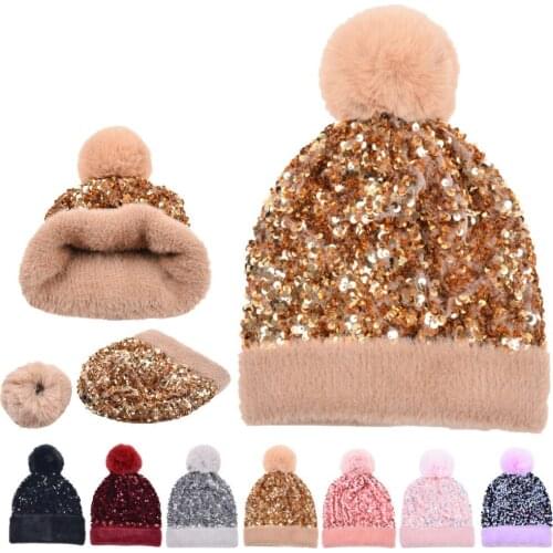 Shiny Sequin Knitted Beanies Hats Women Soft Removable Faux Fur Pom Winter Thicken Plus Velvet Warm Beanie Hat Female Bonnet Cap