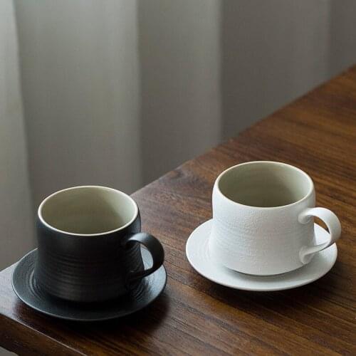 Handmade Ceramic Japan Retro Simple Style Coffee Tea Cup Saucer Set 220ML Pottery White Black Ins Popular