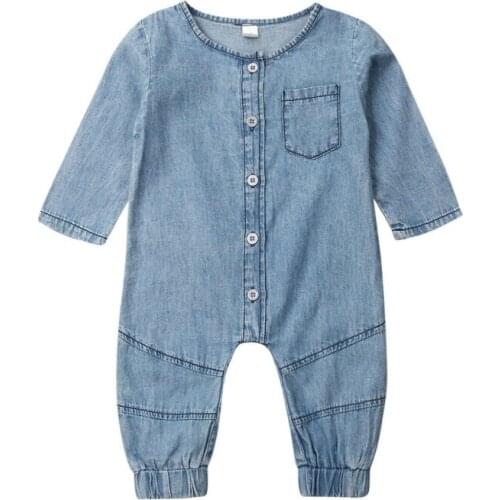 Newborn Kids Baby Girl Boy Rompers Clothes Denim Blue Long Sleeve Romper Jumpsuit Outfits 0-24M