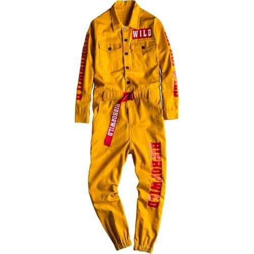 Tooling Multi-pocket Jumpsuit Men impresas manga larga amarillo Fashion Streetwear Casual Cargo Pants Male Overalls Jumpsuit Pan