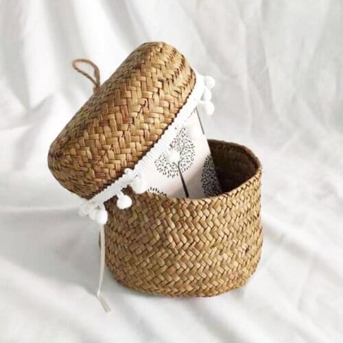 Wardrobe Desktop Storage Basket with Lid Seagrass Woven Snack Yarn Small Toy Organizer Multi-Purpose Organization Box
