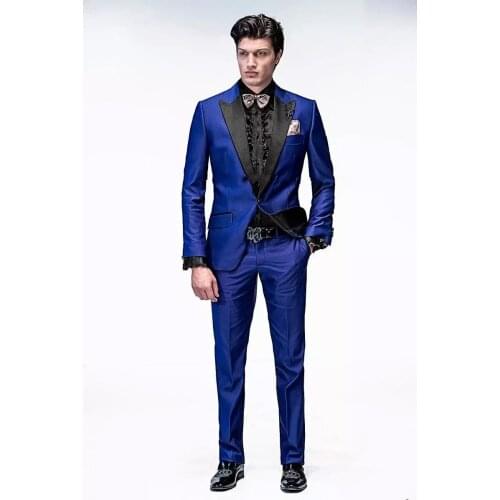 New Arrivals 2pieces Handsome One Button Royal Blue Groom Tuxedos Peak Lapel Groomsmen Men Wedding Tuxedos Dinner Prom Suits