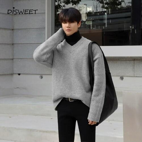 V-neck Solid Pullover Sweater Men Korean Long Sleeve Loose Sweater Mens Simple Warm Slim Sweater Boy 2021
